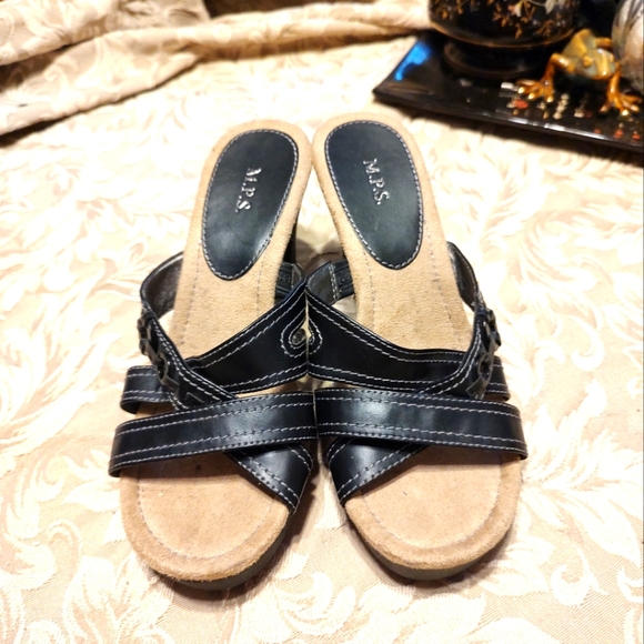 🖤 Adorable Vintage Deadstock Black & Tan Strappy Slide Buckle Heels - 7.5M - Picture 8 of 16